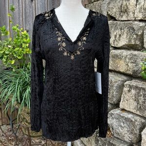 Long Sleeve Crushed Velvet Top with Gold Detail
